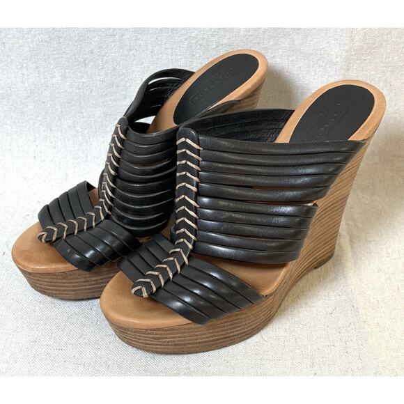 Coach Women’s 6.5 Black Leather Bristol Strappy Wedge Sandals - Picture 3 of 7